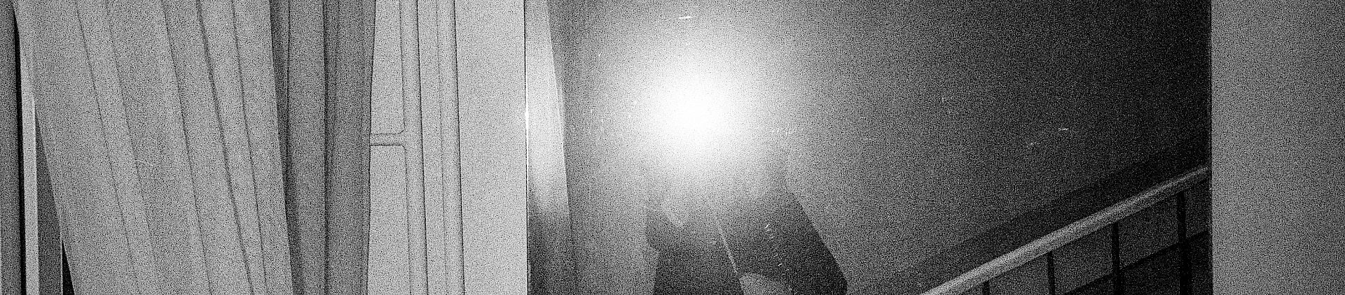 Black and white image of a woman taking a photo in a mirror. The flash obscures her face