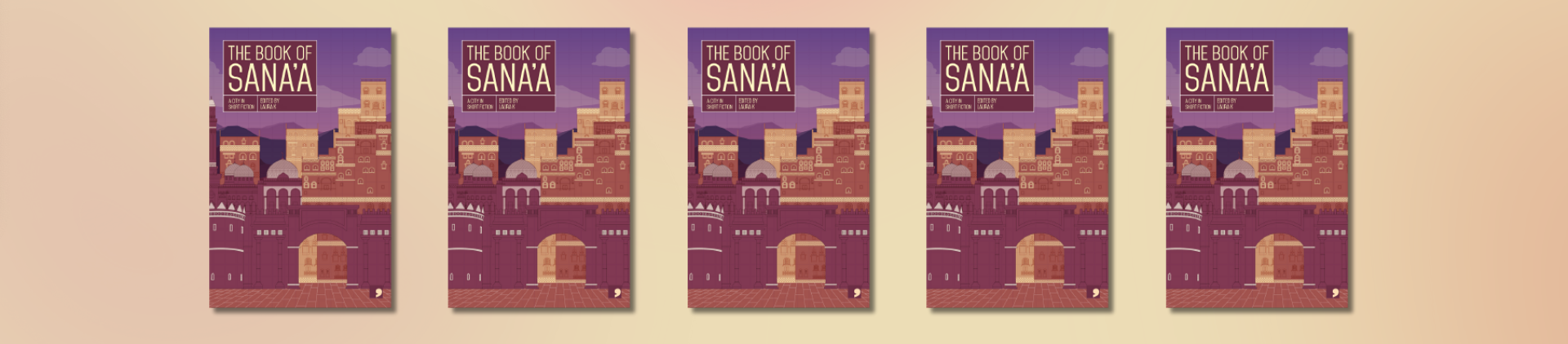 Purple background showing five copies in a row of the book cover - which is an illustration of a range of old buildings