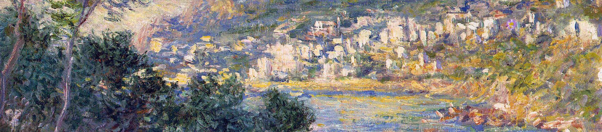 Painting shows trees in the left foreground, with a view over the water towards a built up city. Mountains loom in the background.
