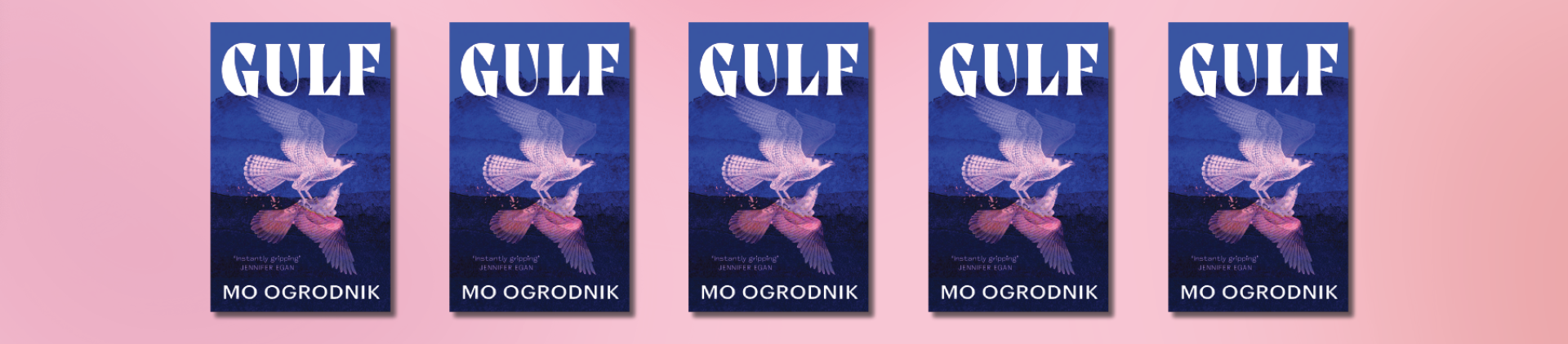 Pink background with five copies of the book cover which is dark blue with a pink bird flying across water.