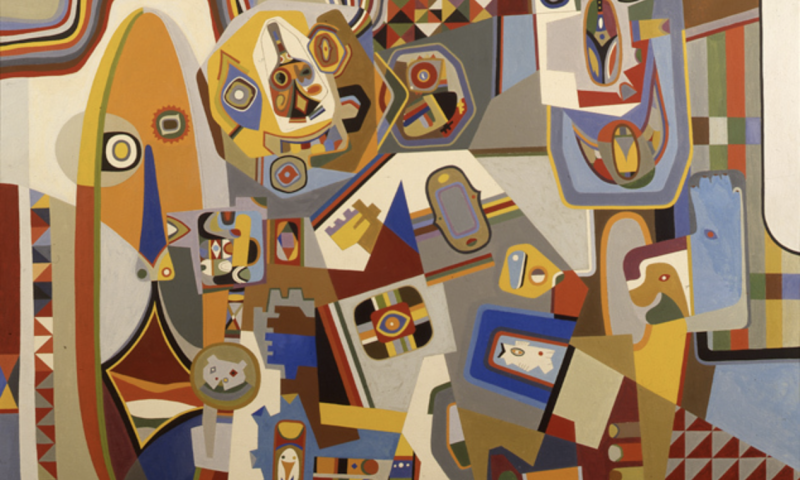 An abstract painting in browns, yellows, reds, and blues.