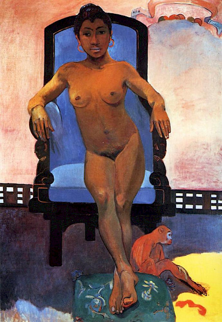 An unclothed woman reclining on a blue chair with a pet monkey